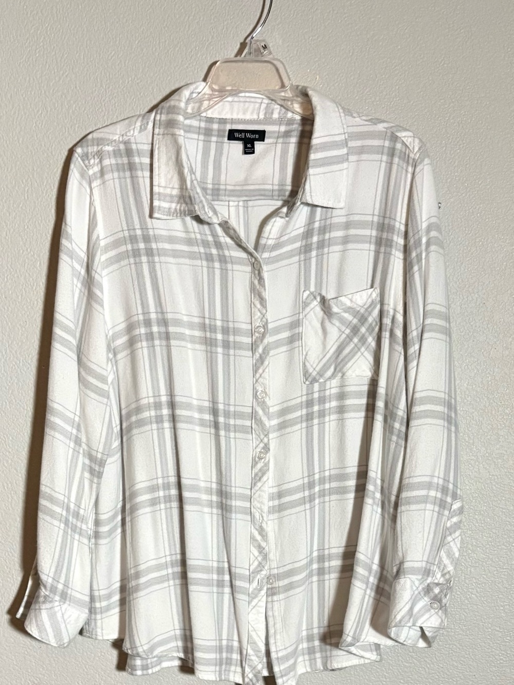 Woman’s White & Light Gray Plaid Oversized Button-Up Shirt sz XL by Well Worn